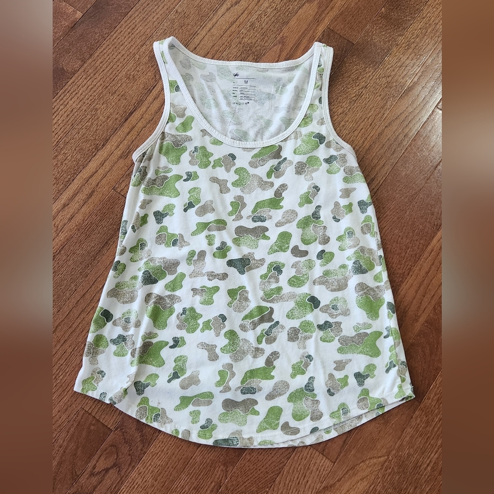 Green camouflage tank top.